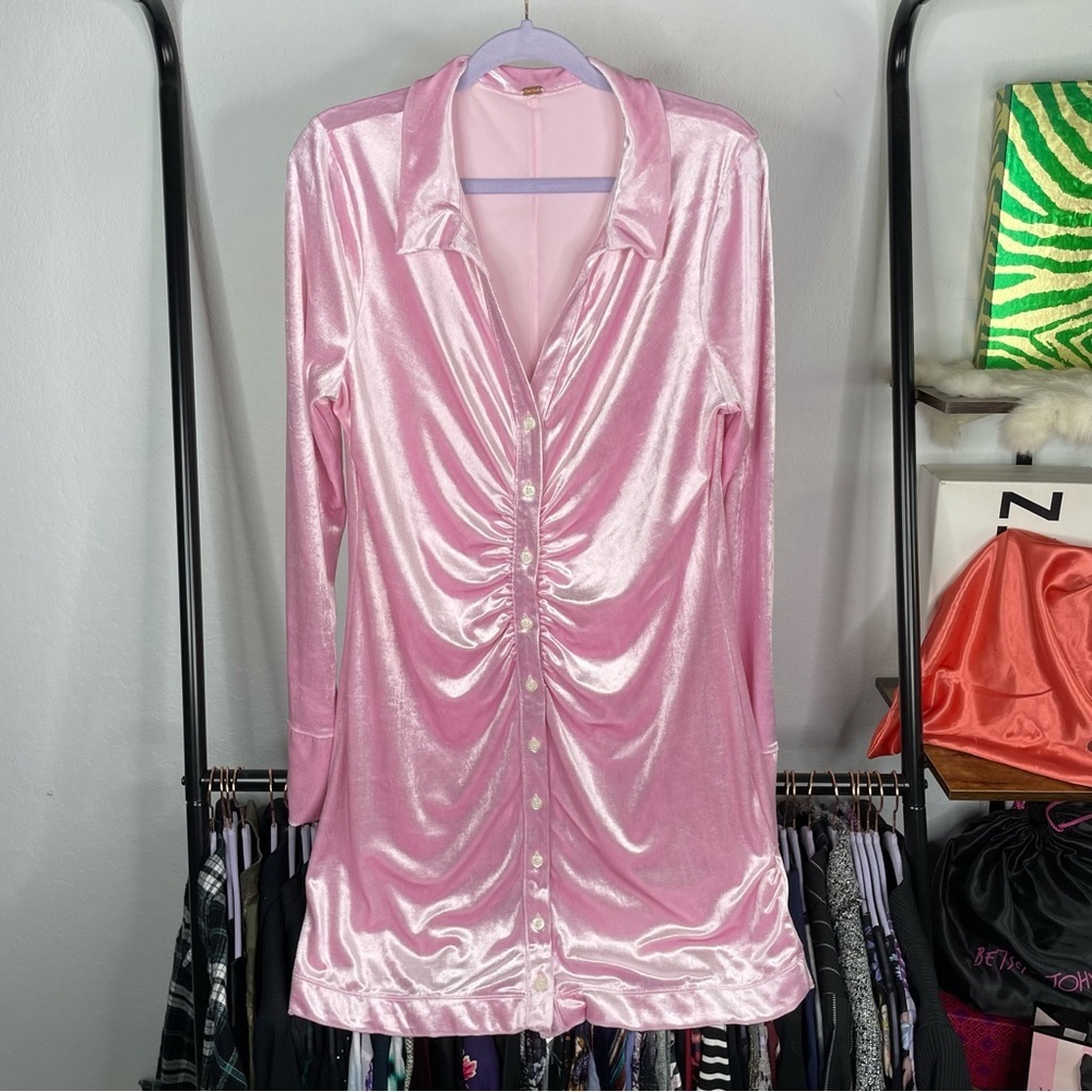 Free People Ruched Pink Velvet Shirt Dress